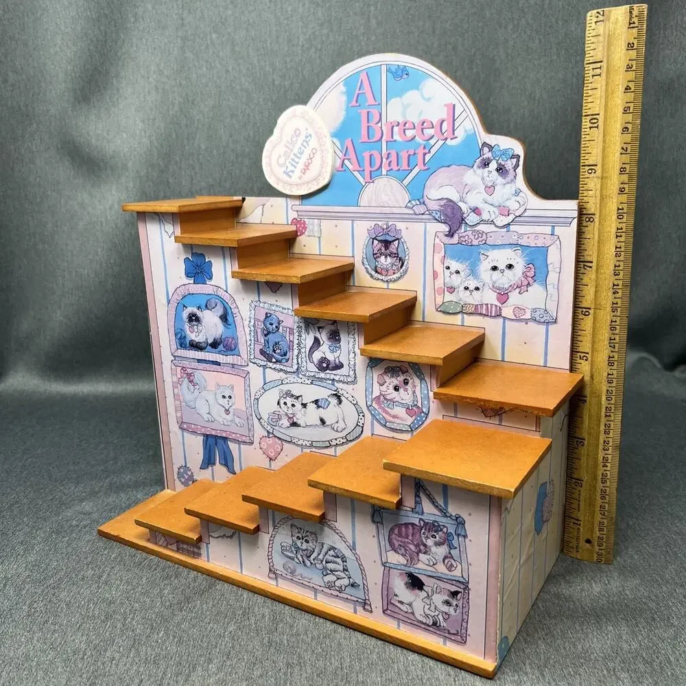 Vintage 1997 Enesco Calico Kittens A Breed Apart Wood Staircase Figurine Display